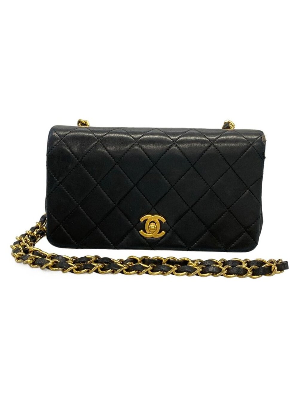 Chanel Shoulder Bag Mini Quilted Black Full Flap Turnlock Chain Gold Lambskin